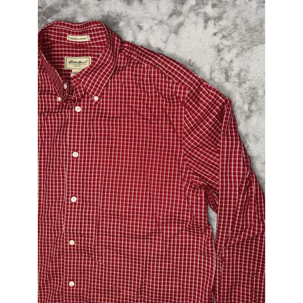 Eddie Bauer‎ Mens Shirt L Red Plaid Wrinkle Resistant Button Down Chest Pocket